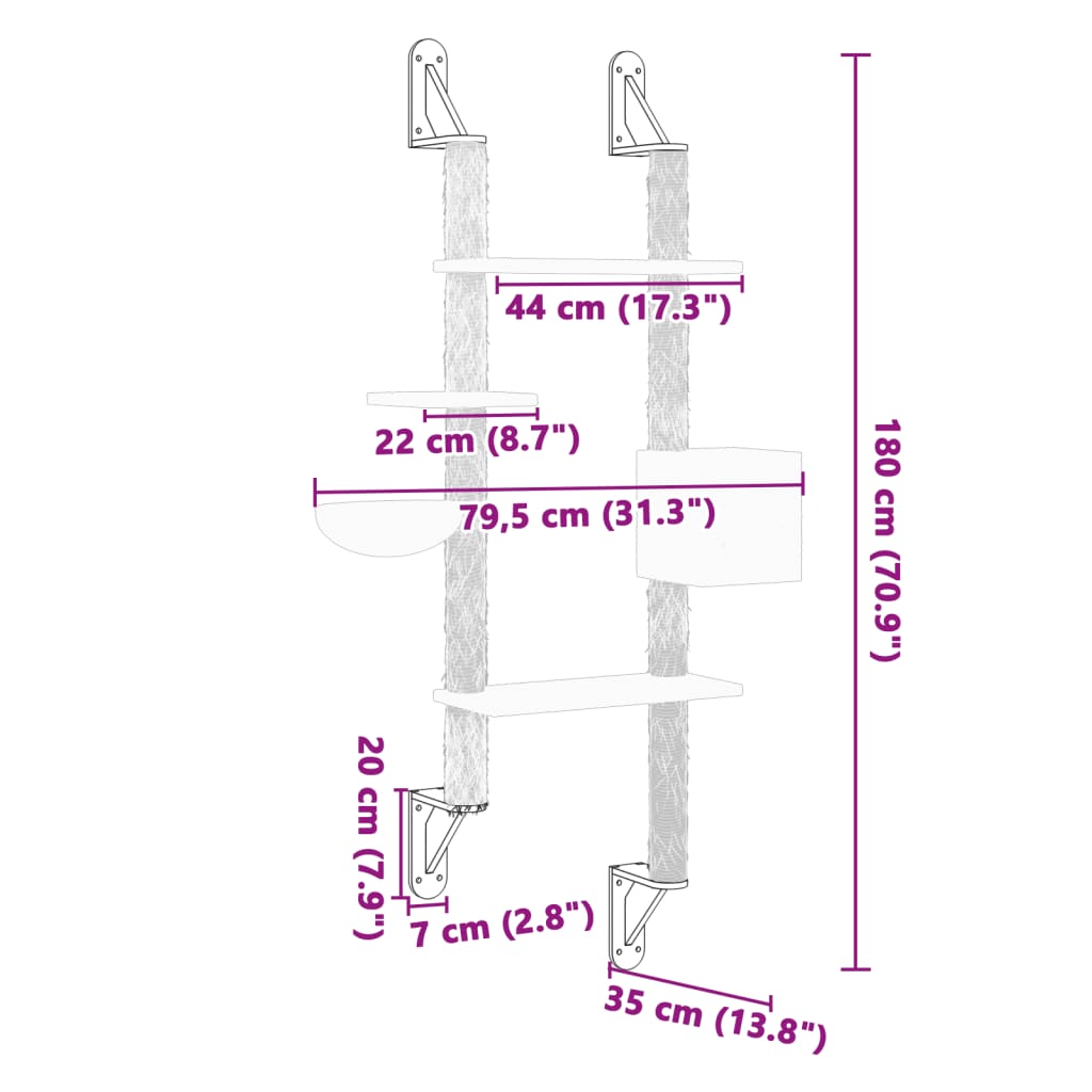 Zidna penjalica za mačke sa stupom za grebanje krem 180 cm