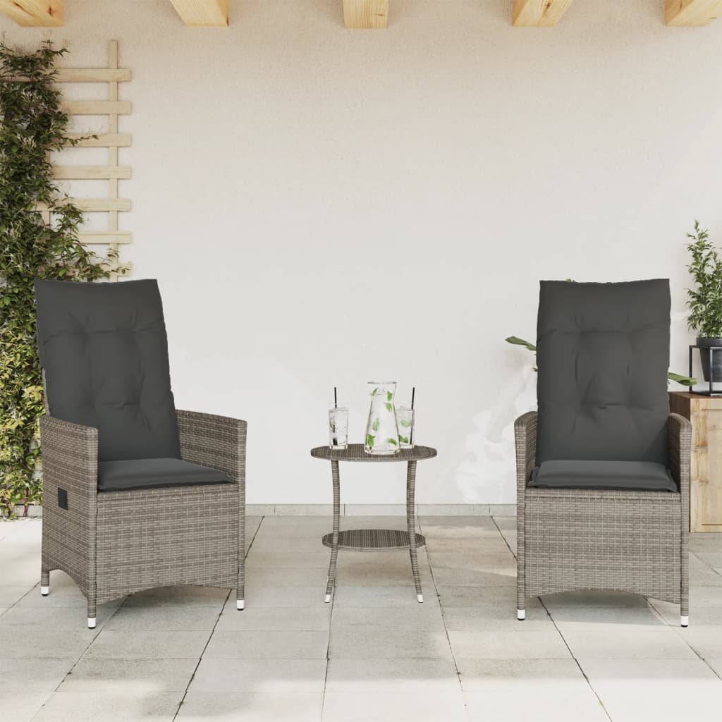 3-dijelni bistro set od poliratana s jastucima sivi