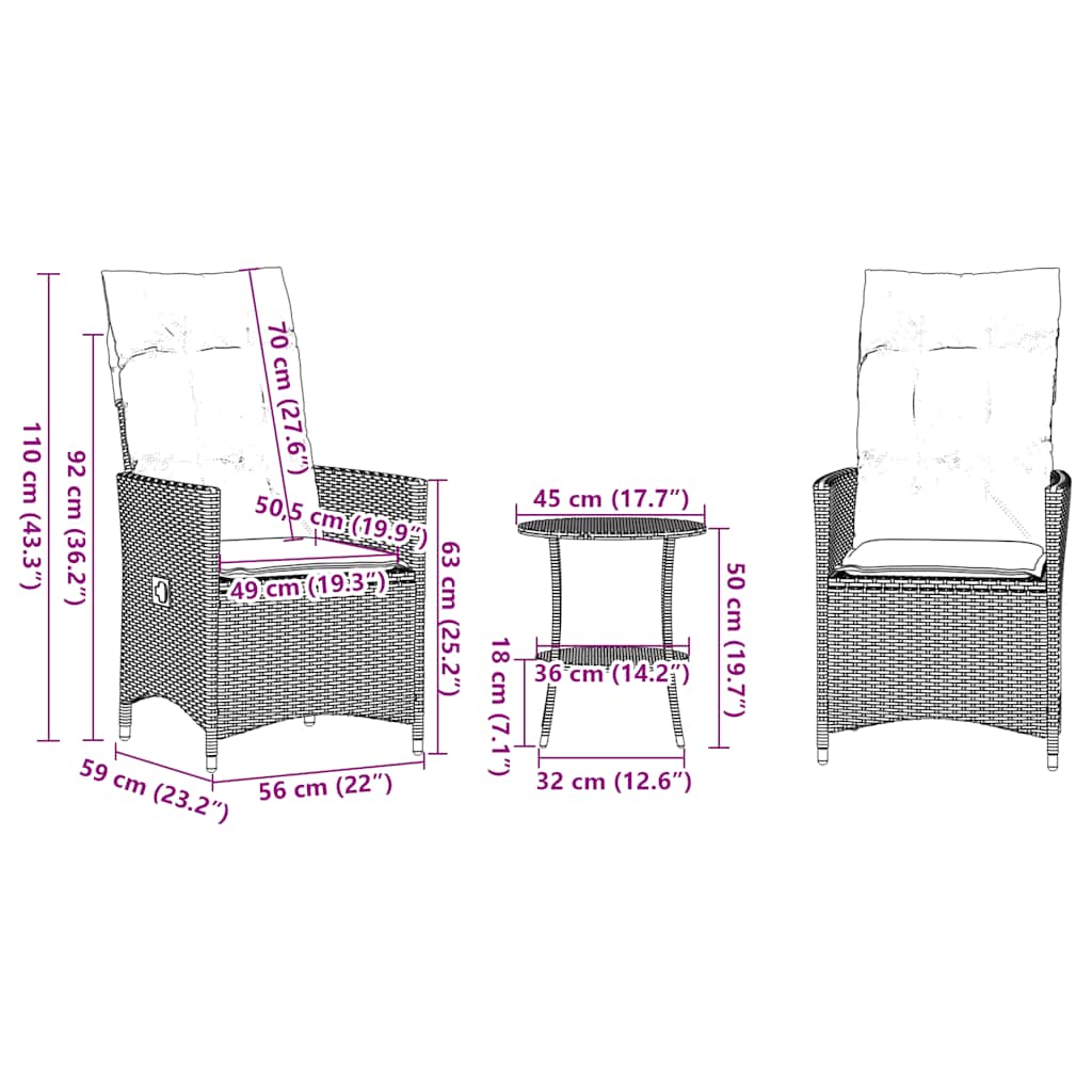 Bistro set od 3 komada s jastucima, sivi poliratan