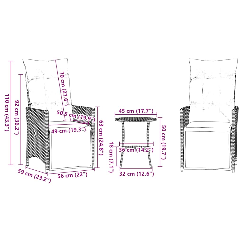 Bistro set od 3 komada s jastucima, sivi poliratan