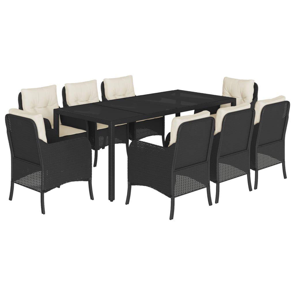 9-dijelni vrtni blagovaonski set s jastucima crni od poliratana Crna 190 cm table length