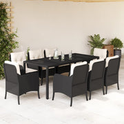 9-dijelni vrtni blagovaonski set s jastucima crni od poliratana Crna 190 cm table length