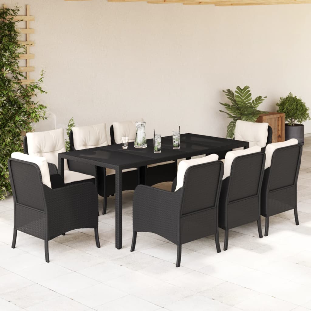 9-dijelni vrtni blagovaonski set s jastucima crni od poliratana Crna 190 cm table length