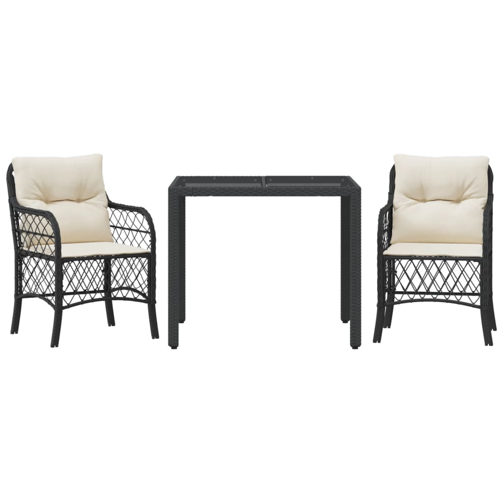 3-dijelni bistro set s jastucima crni od poliratana Crna 90 cm table length