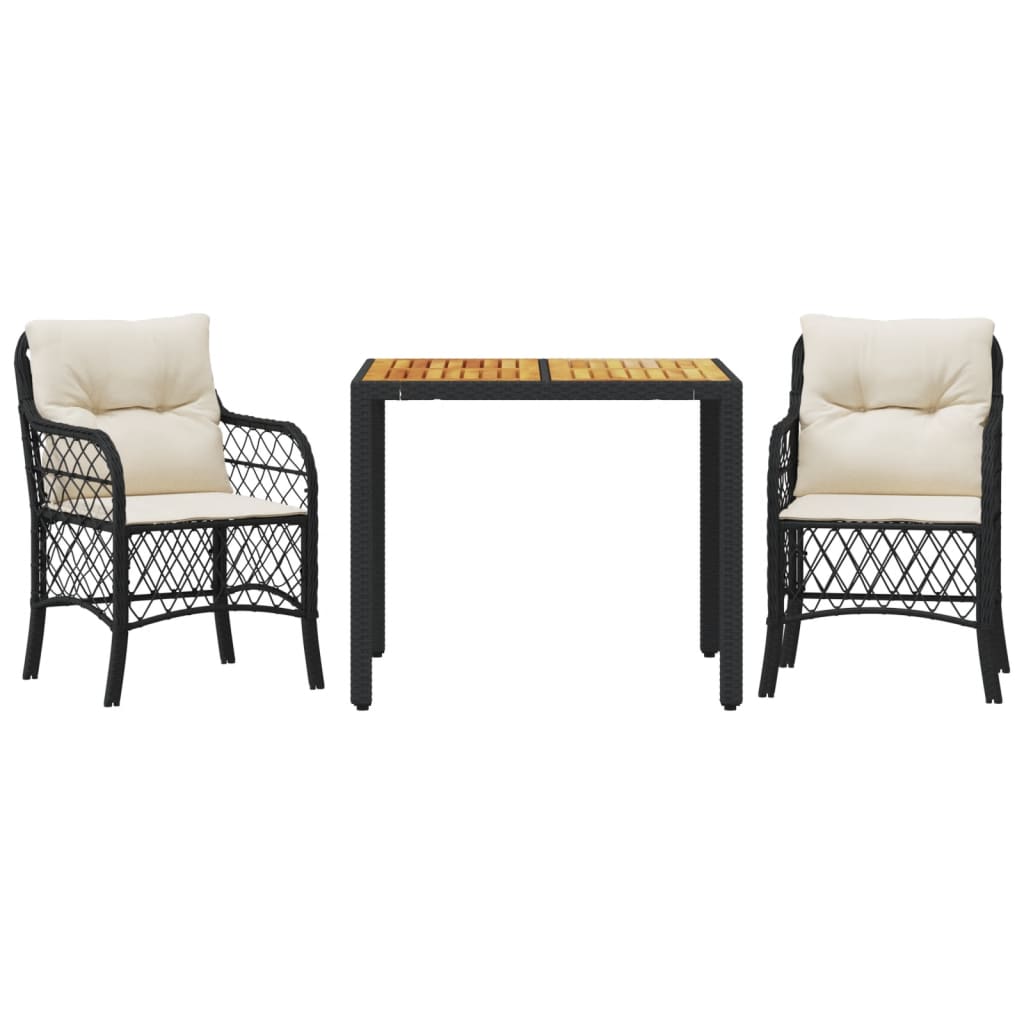 3-dijelni bistro set s jastucima crni od poliratana Crna 90 cm table length