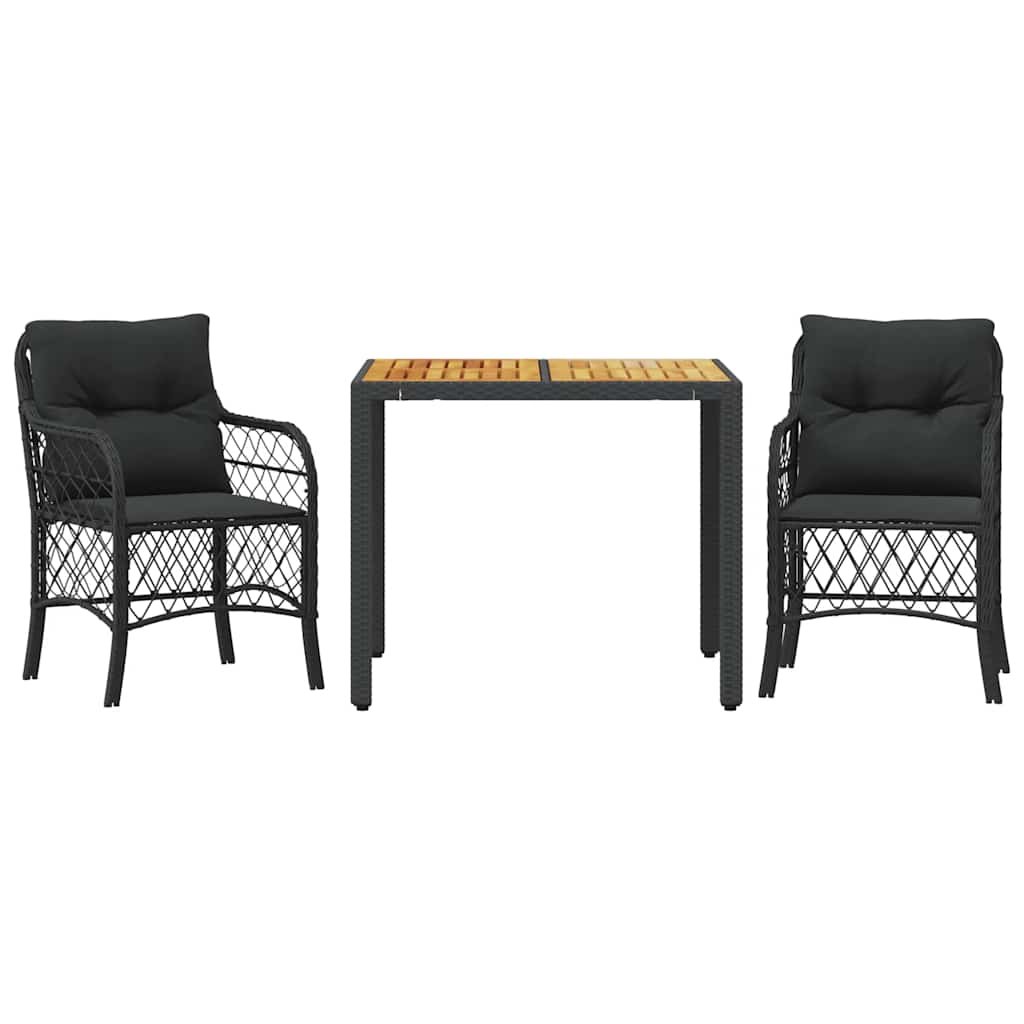 3-dijelni bistro set s jastucima crni od poliratana