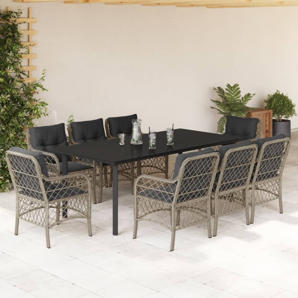 9-dijelni vrtni blagovaonski set od poliratana s jastucima sivi