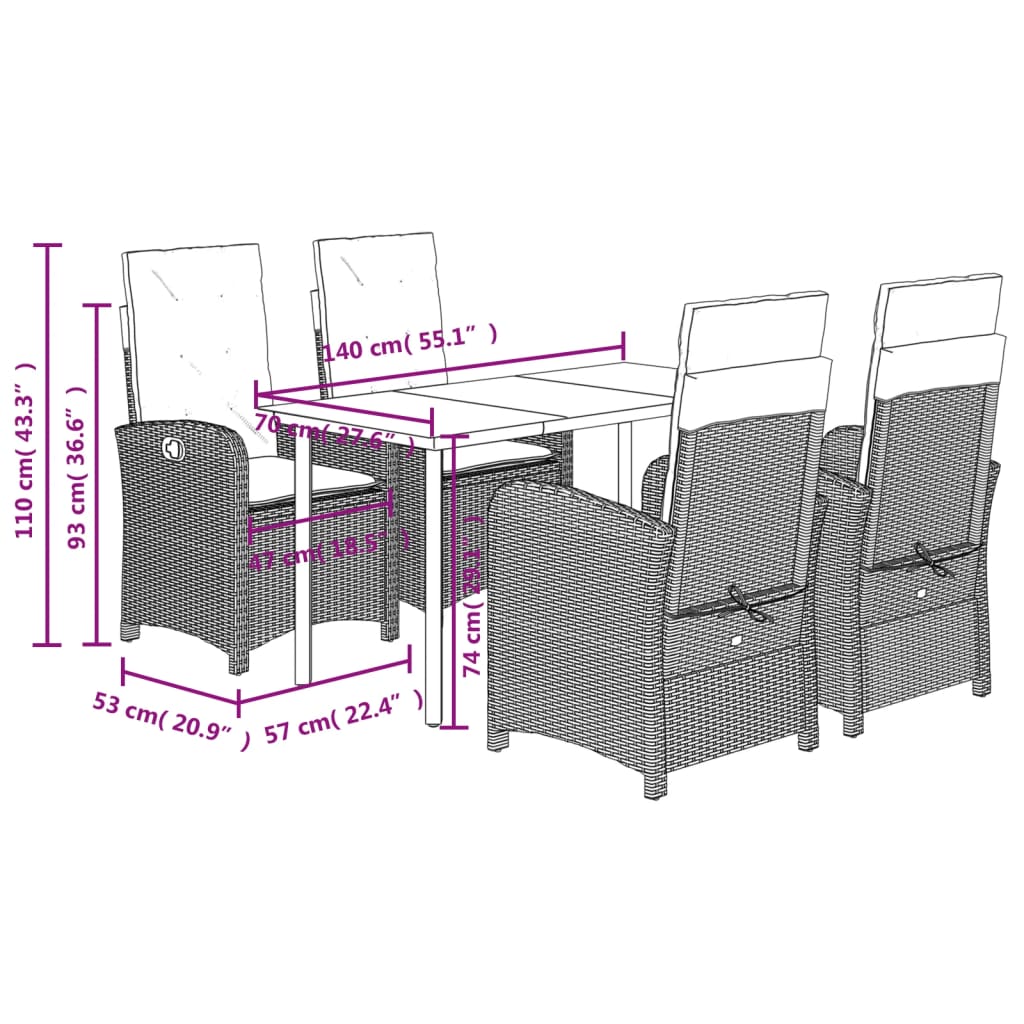 5-dijelni vrtni blagovaonski set s jastucima od poliratana crni Crna 140 cm table length