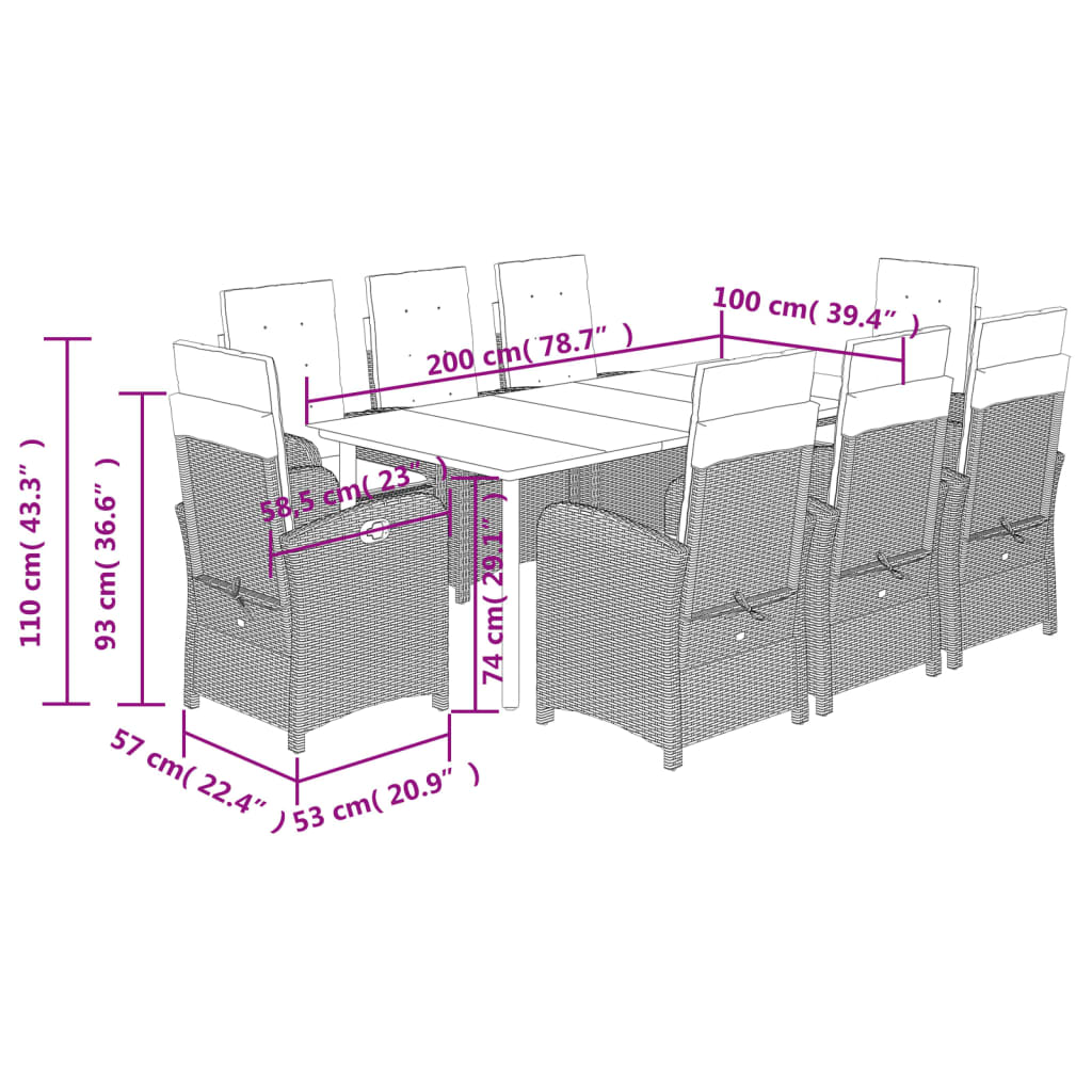 9-dijelni vrtni blagovaonski set od poliratana s jastucima bež 200 cm table length