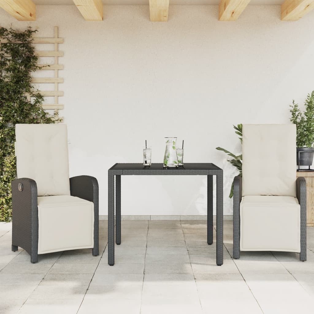3-dijelni bistro set s jastucima crni od poliratana