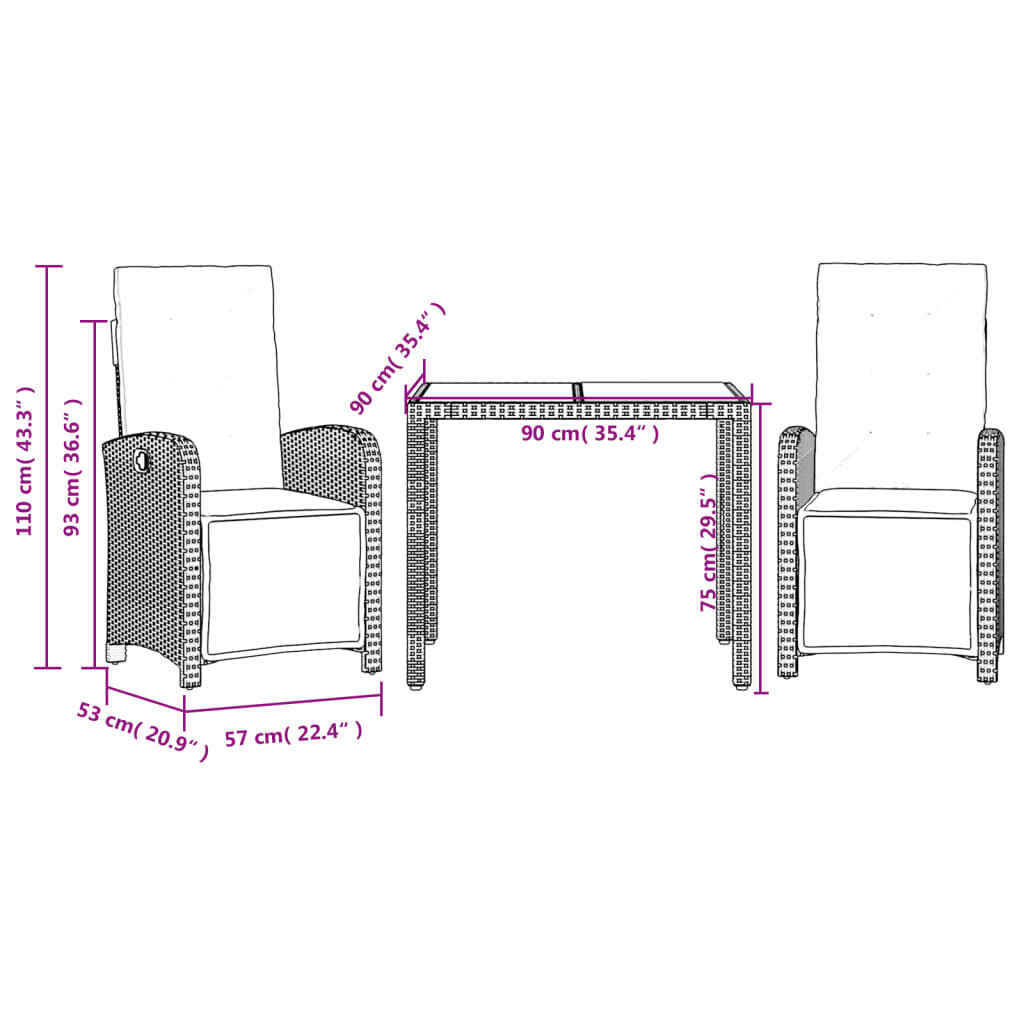 3-dijelni bistro set s jastucima crni od poliratana