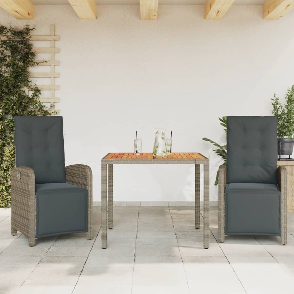 3-dijelni bistro set od poliratana s jastucima sivi