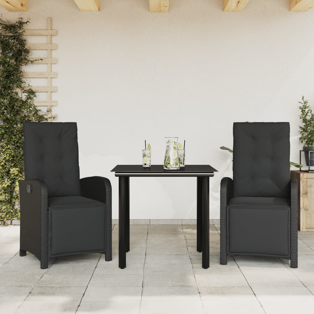 3-dijelni bistro set s jastucima crni od poliratana Crna Dužina stola 80 cm
