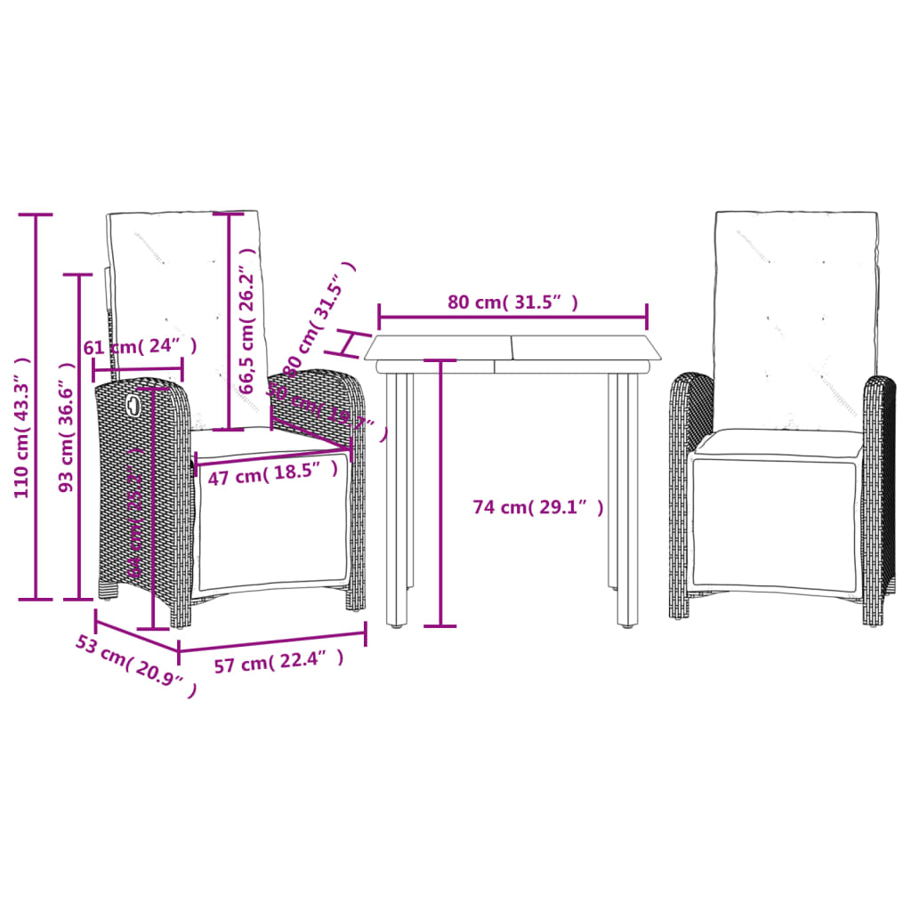 3-dijelni bistro set od poliratana s jastucima sivi