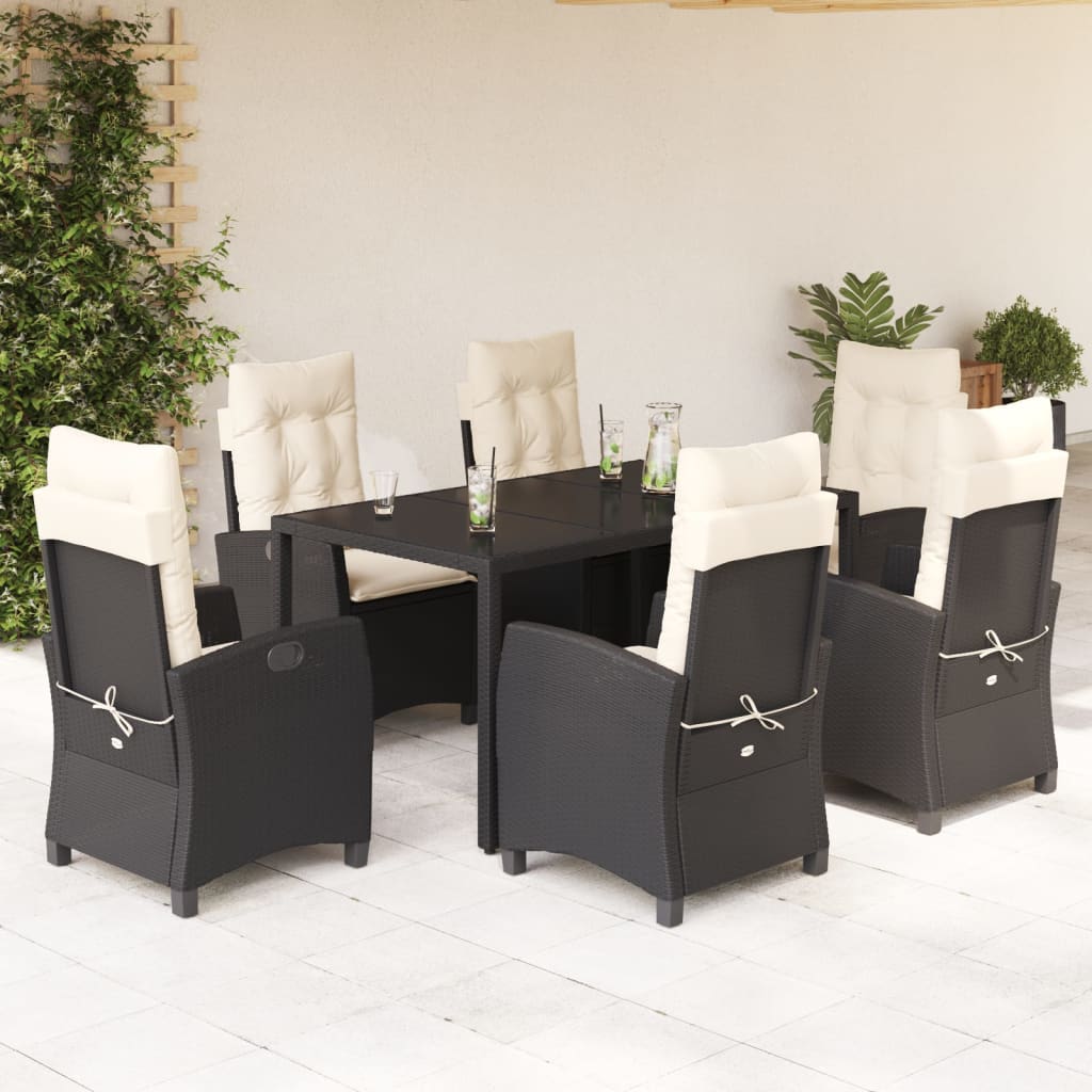 7-dijelni vrtni blagovaonski set s jastucima crni od poliratana Crna 150 cm table length