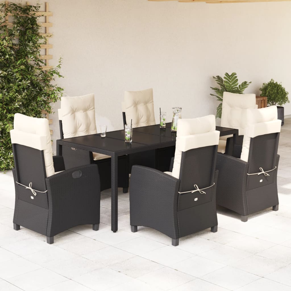7-dijelni vrtni blagovaonski set s jastucima crni od poliratana Crna 190 cm table length