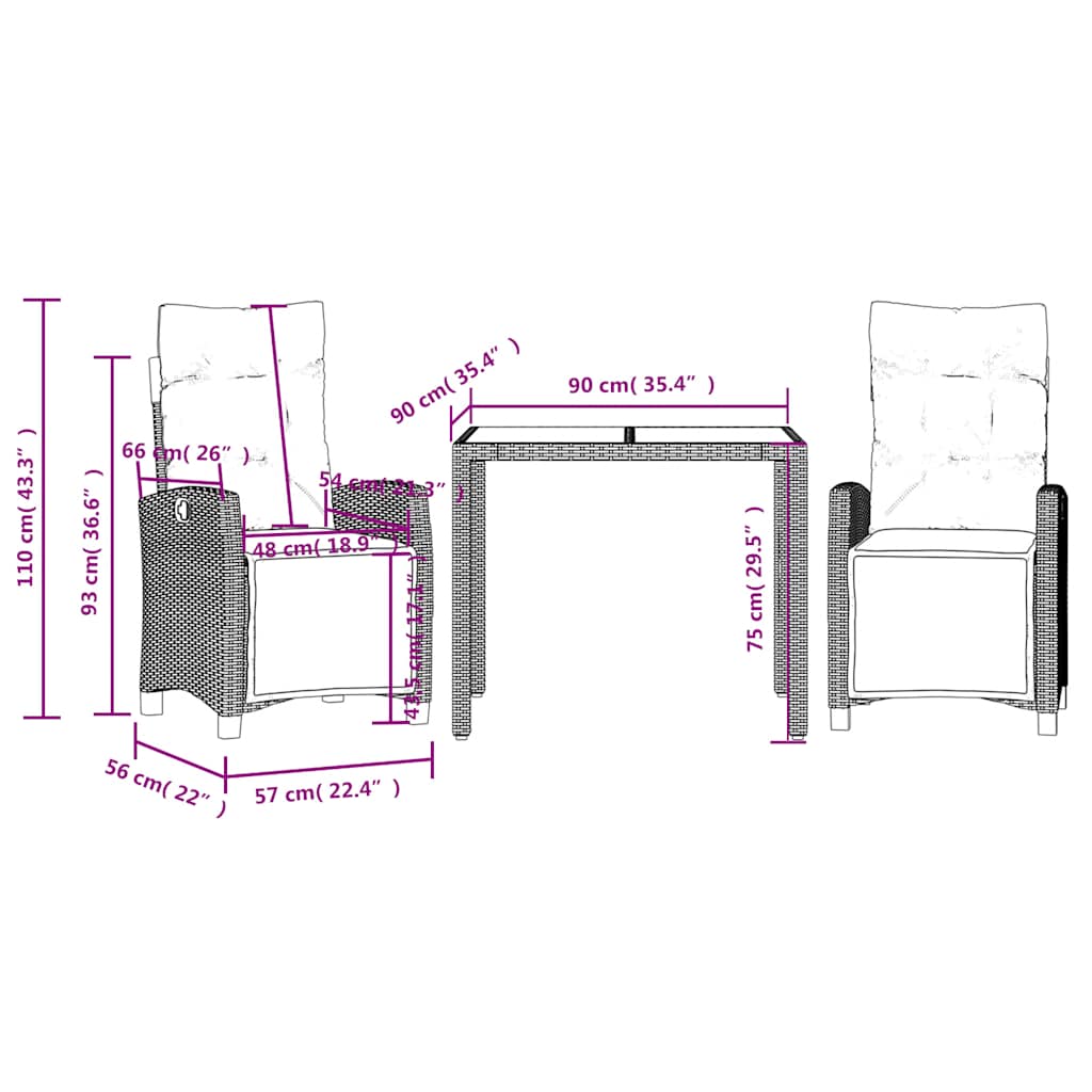 3-dijelni vrtni blagovaonski set s jastucima od poliratana crni