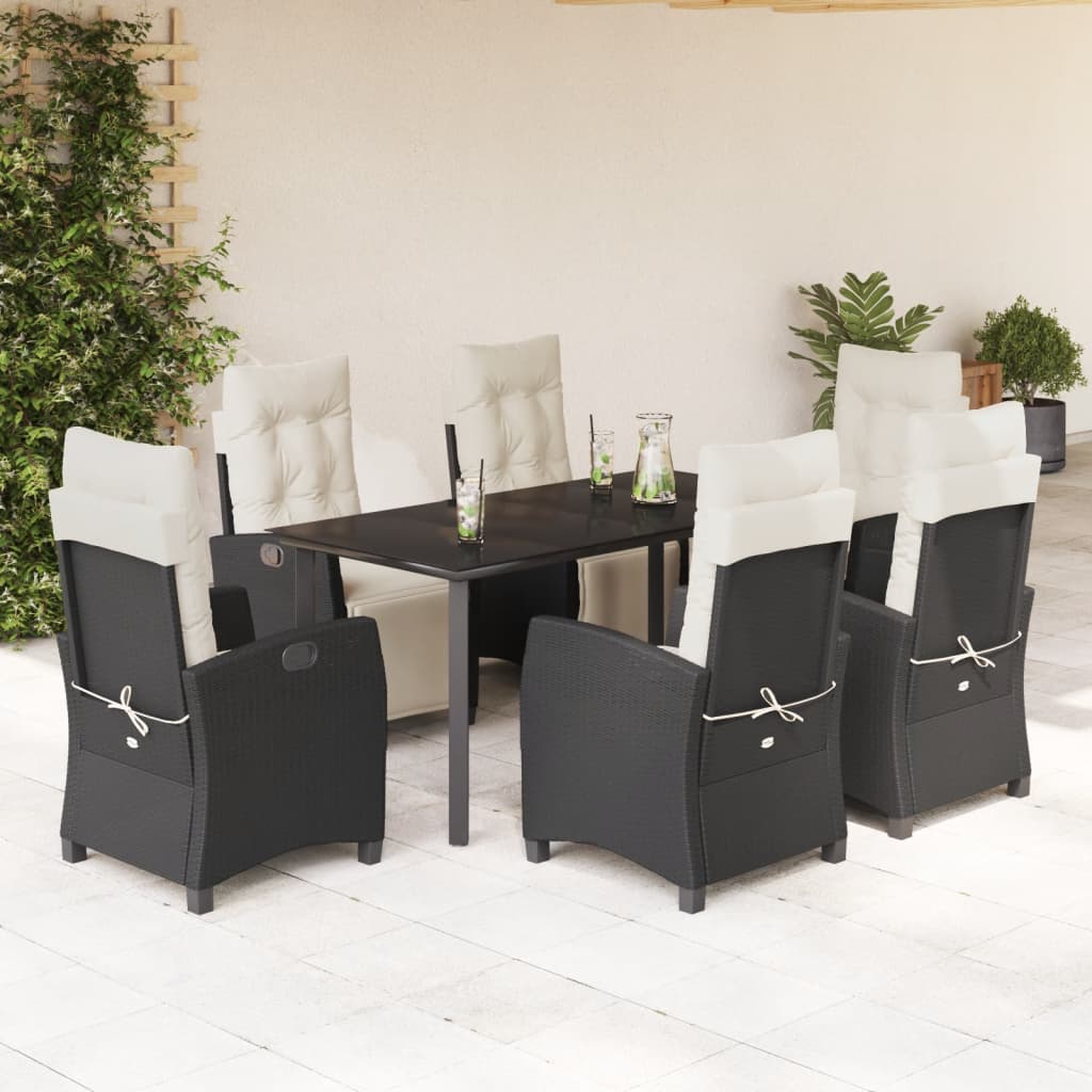 7-dijelni vrtni blagovaonski set s jastucima crni od poliratana Crna 160 cm table length