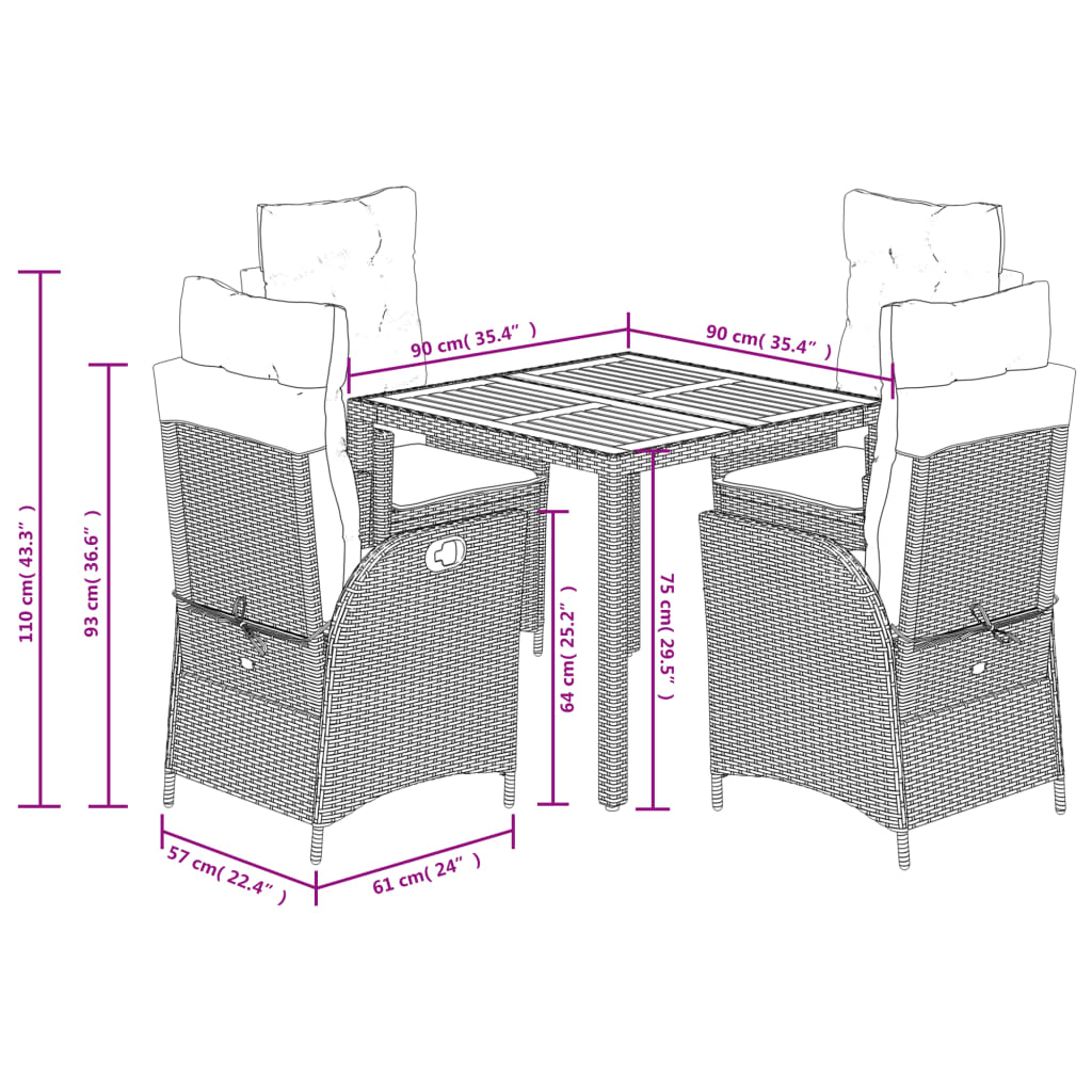 5-dijelni vrtni blagovaonski set sivi od poliratana Siva 90 cm table length