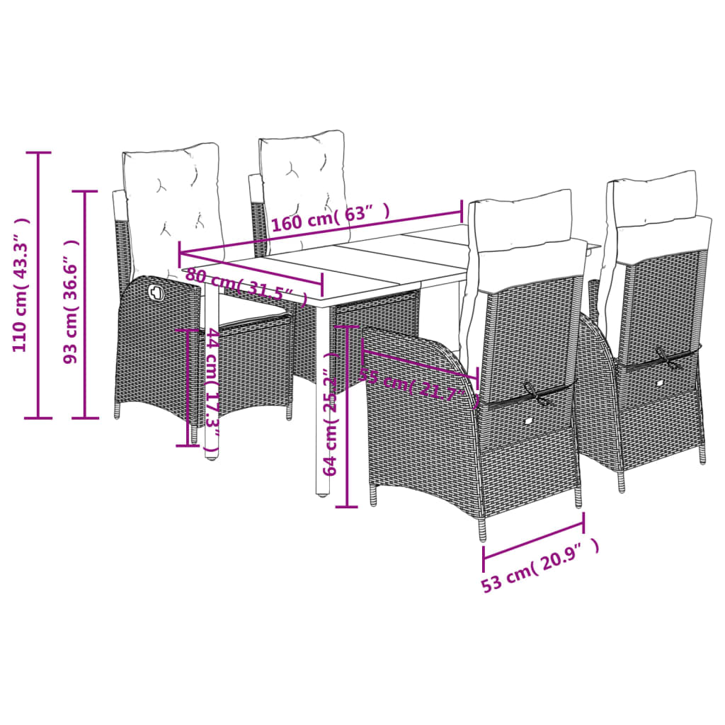 5-dijelni vrtni blagovaonski set od poliratana s jastucima bež