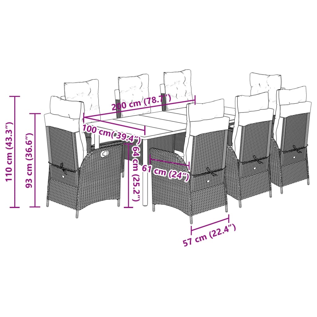 9-dijelni vrtni blagovaonski set od poliratana s jastucima sivi