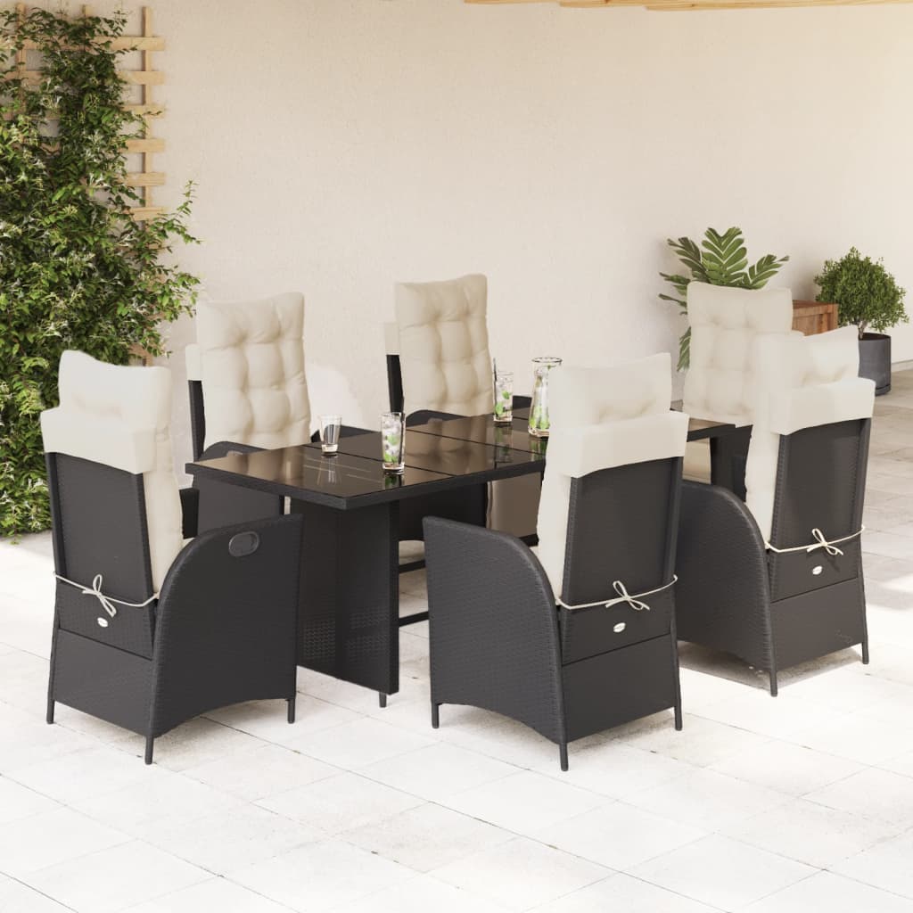 7-dijelni vrtni blagovaonski set s jastucima crni od poliratana