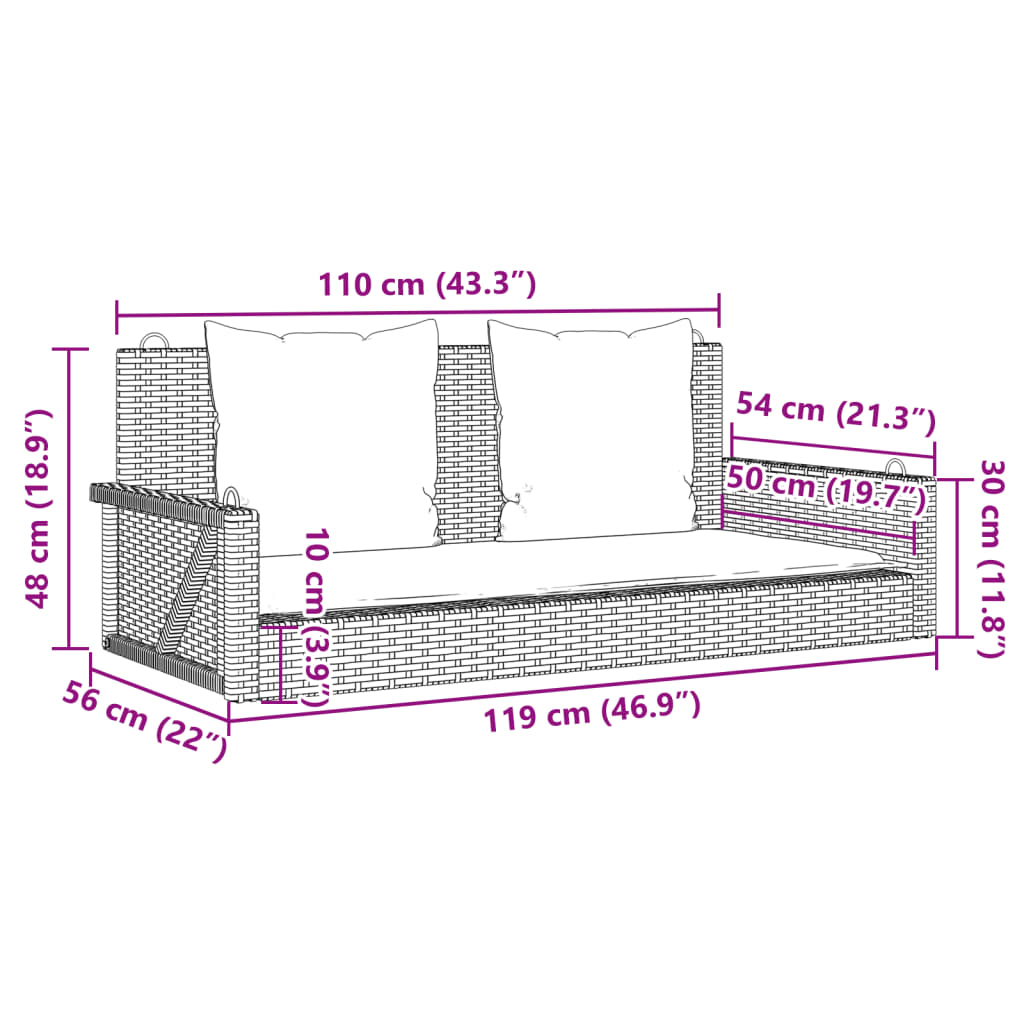 Klupa za ljuljanje s jastucima crna 119x56x48 cm poli ratan
