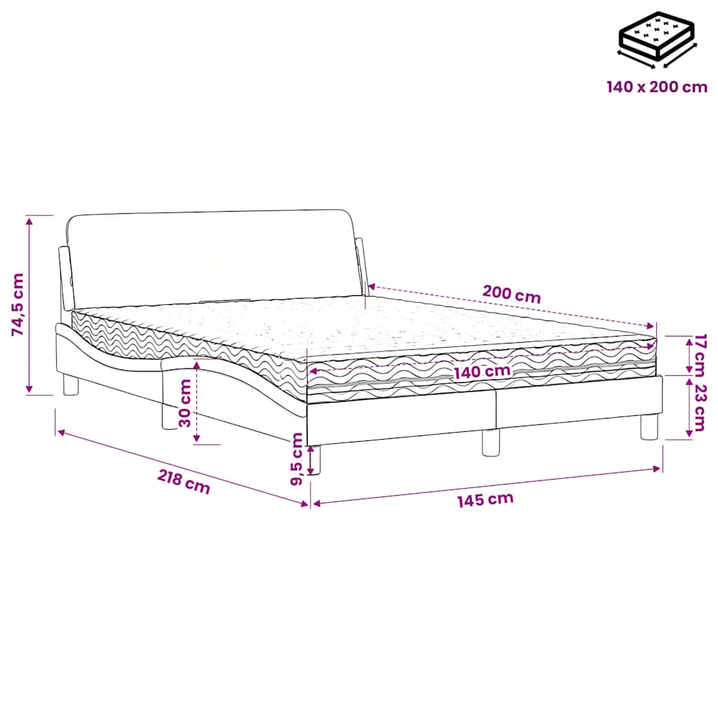 Krevet s madracem Dover crni 140x200 cm baršunasti