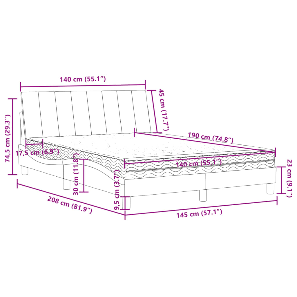 Krevet s madracem Hanko svjetlosivi 140x190 cm baršunasti