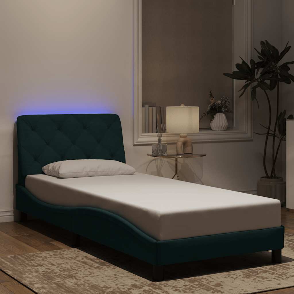 Okvir kreveta s LED-om bez madraca tamnozeleni 90x200 cm baršunasti