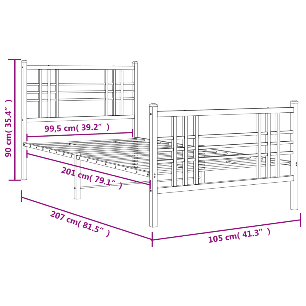 Metalni okvir kreveta uzglavlje i podnožje crni 100x200 cm