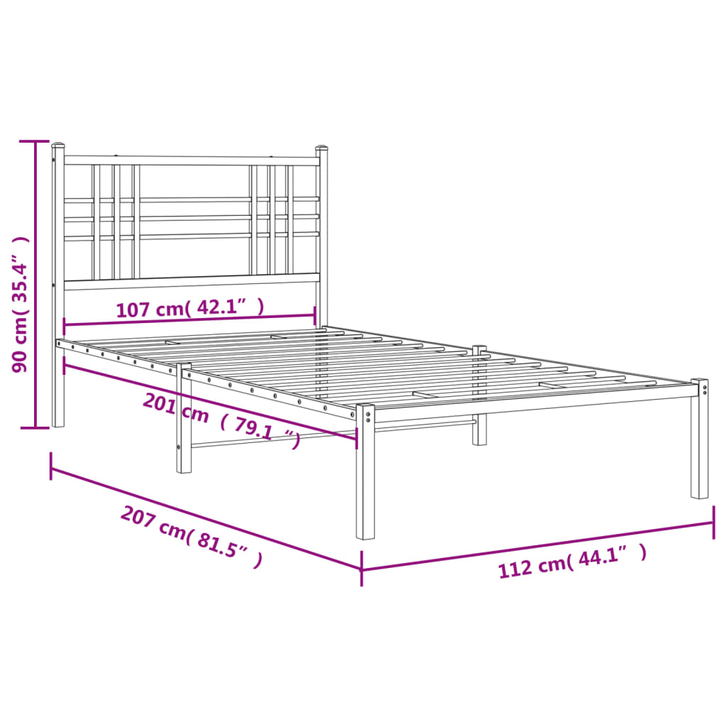 Metalni okvir za krevet s uzglavljem bijeli 107x203 cm