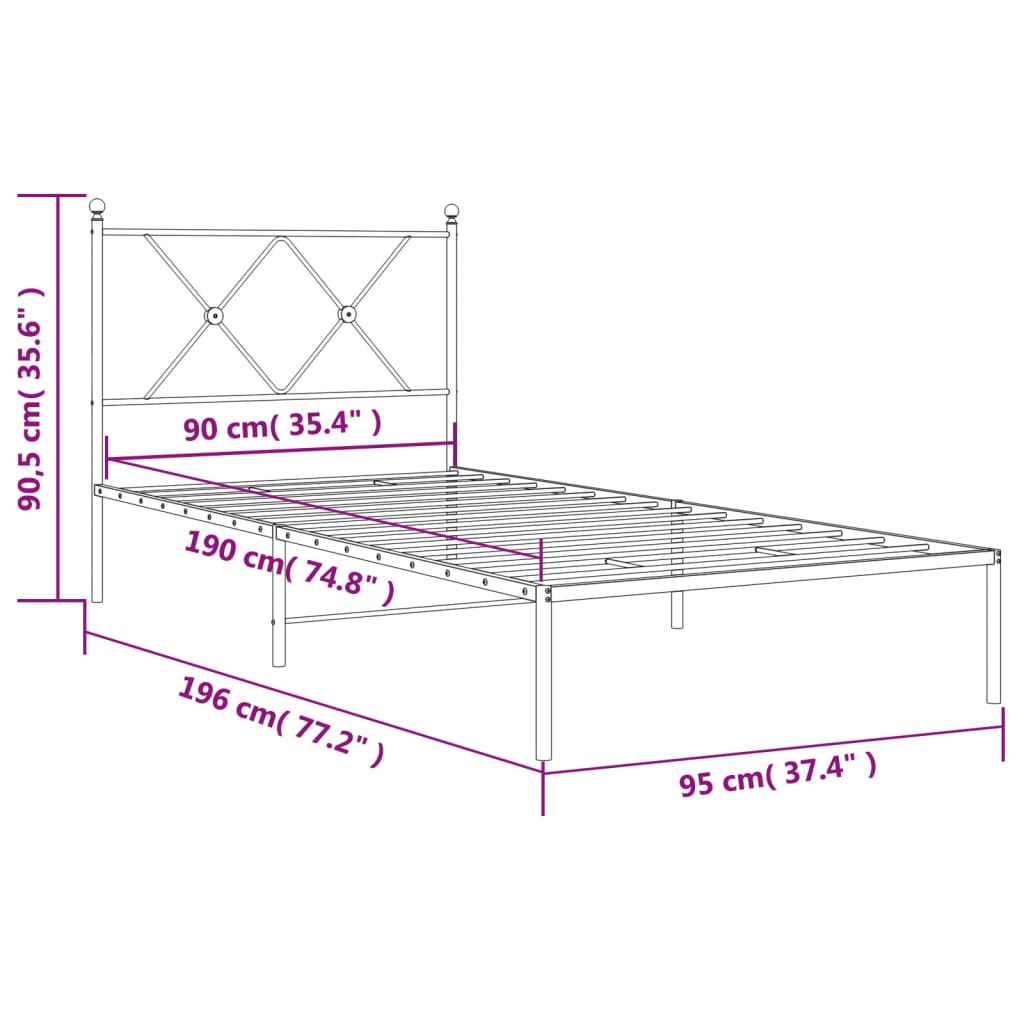 Metalni okvir za krevet s uzglavljem crni 90x190 cm