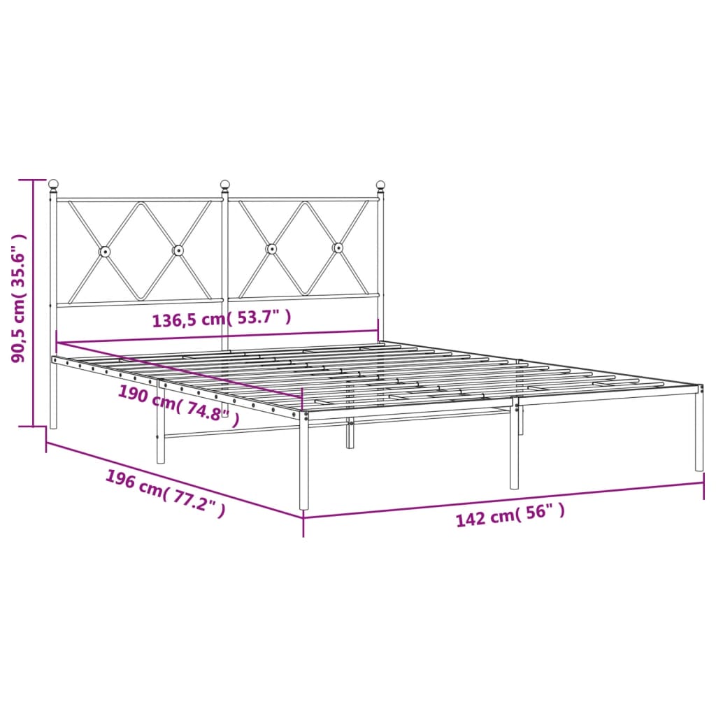 Metalni okvir za krevet s uzglavljem crni 135x190 cm