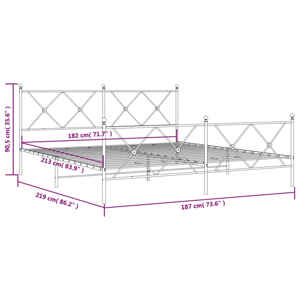 Metalni okvir kreveta uzglavlje i podnožje crni 183x213 cm