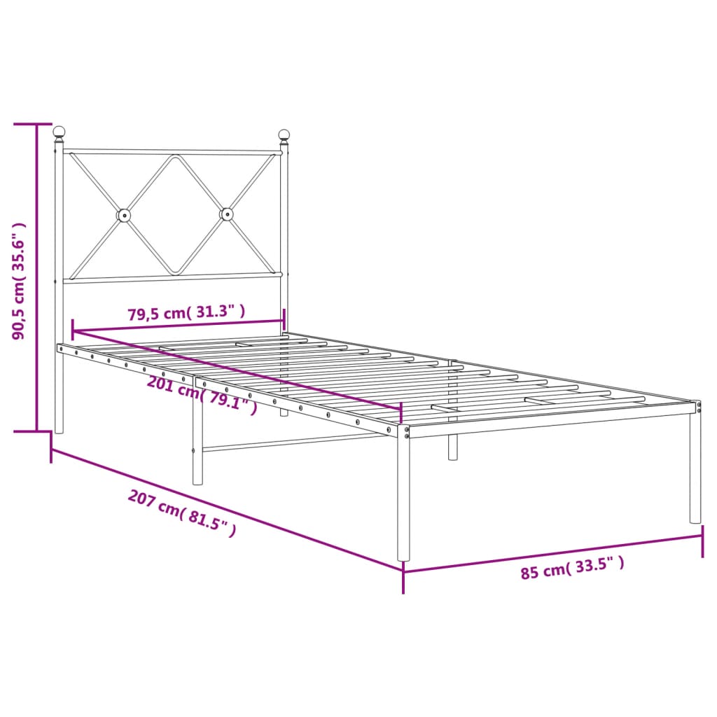 Metalni okvir za krevet s uzglavljem bijeli 80x200 cm