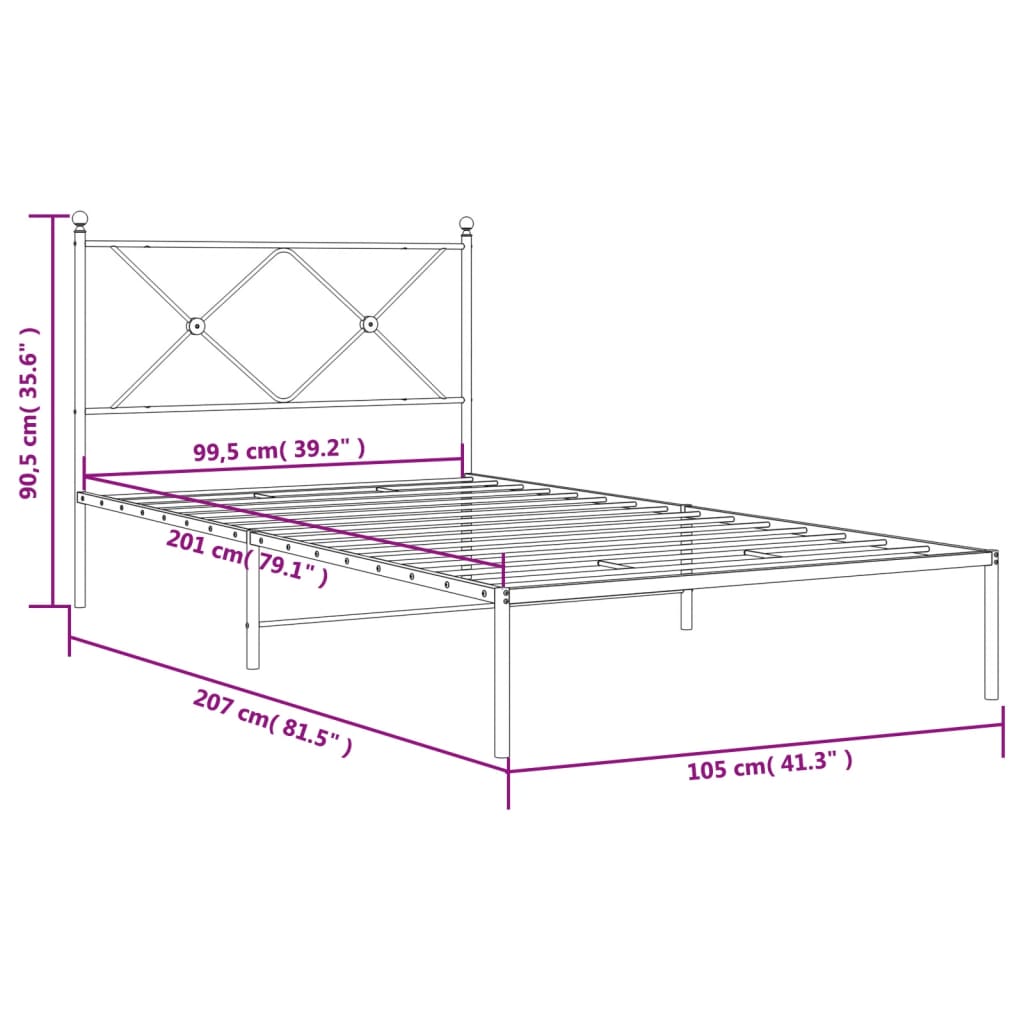 Metalni okvir za krevet s uzglavljem bijeli 100x200 cm