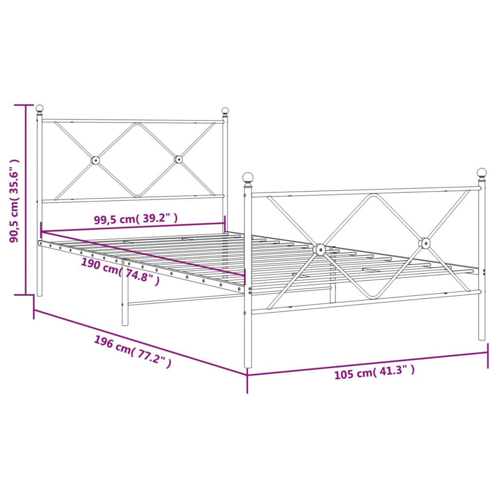 Metalni okvir kreveta uzglavlje i podnožje bijeli 100x190 cm