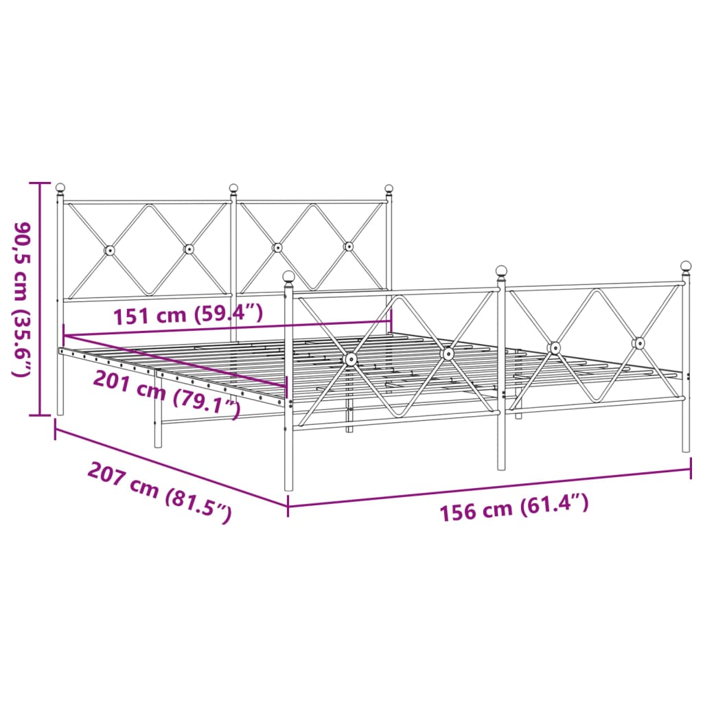 Metalni okvir kreveta uzglavlje i podnožje bijeli 150 x 200 cm