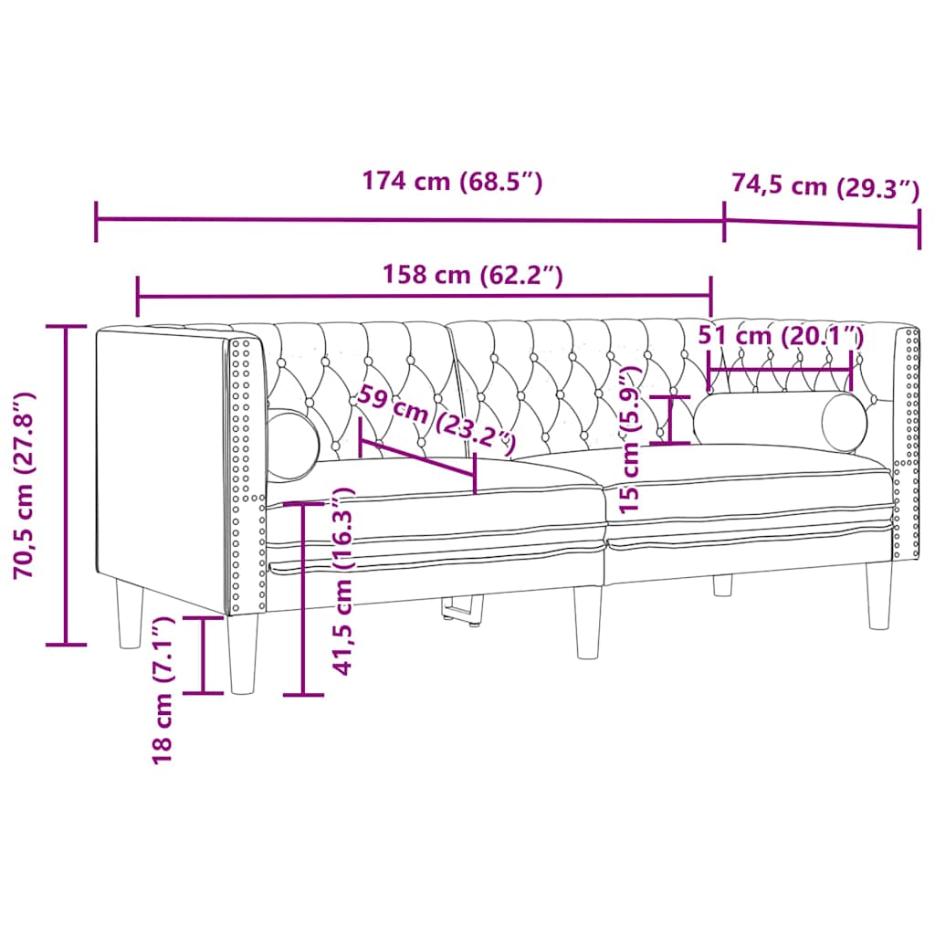 Chesterfield sofa s jastucima za 2 osobe, krem baršunasta