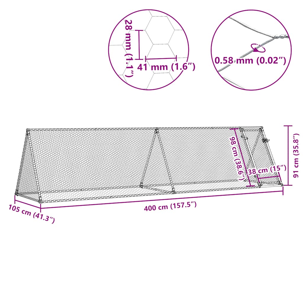 Kavez za kokoši srebrni 400 x 105 x 91 cm od pocinčanog čelika