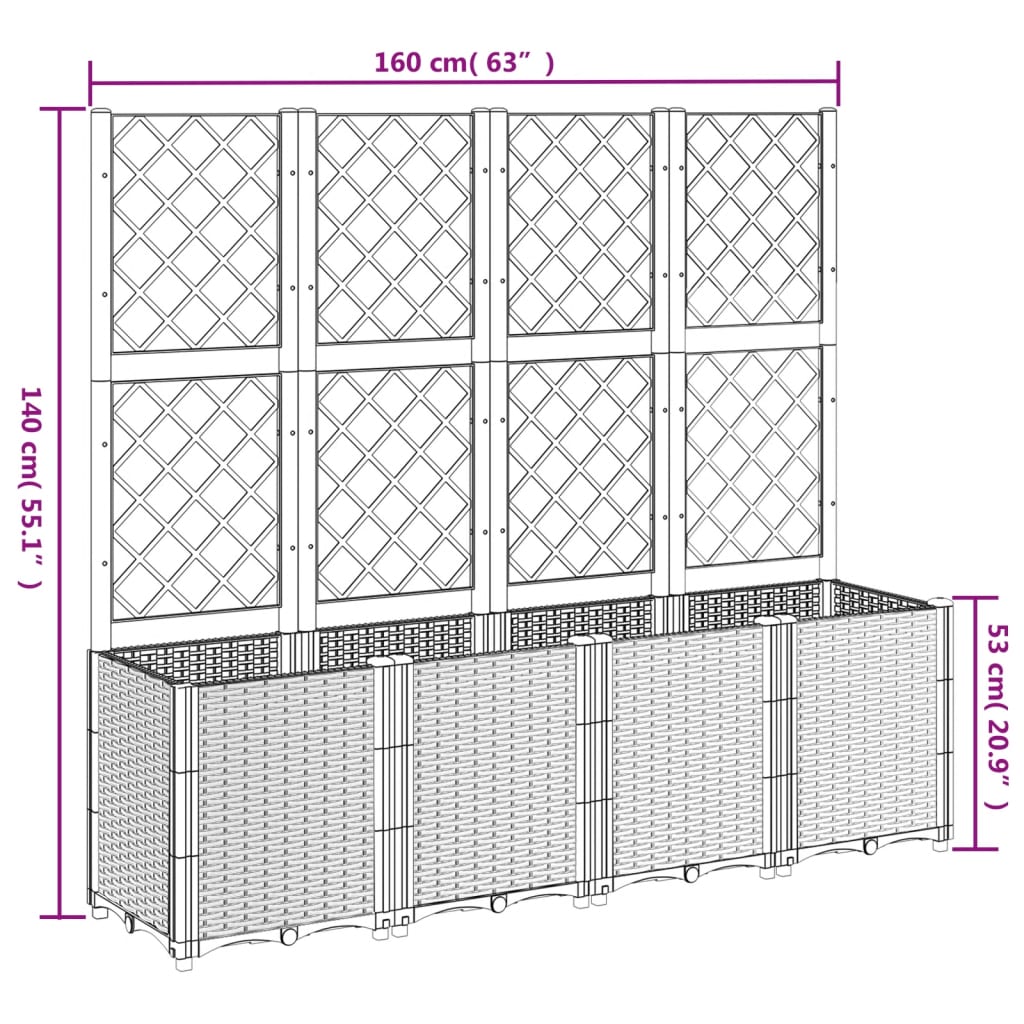 Vrtna sadilica s rešetkom crna 160 x 40 x 140 cm PP