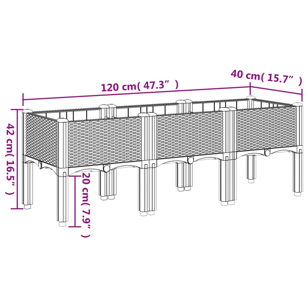 Vrtna sadilica s nogama svjetlosiva 120 x 40 x 42 cm PP