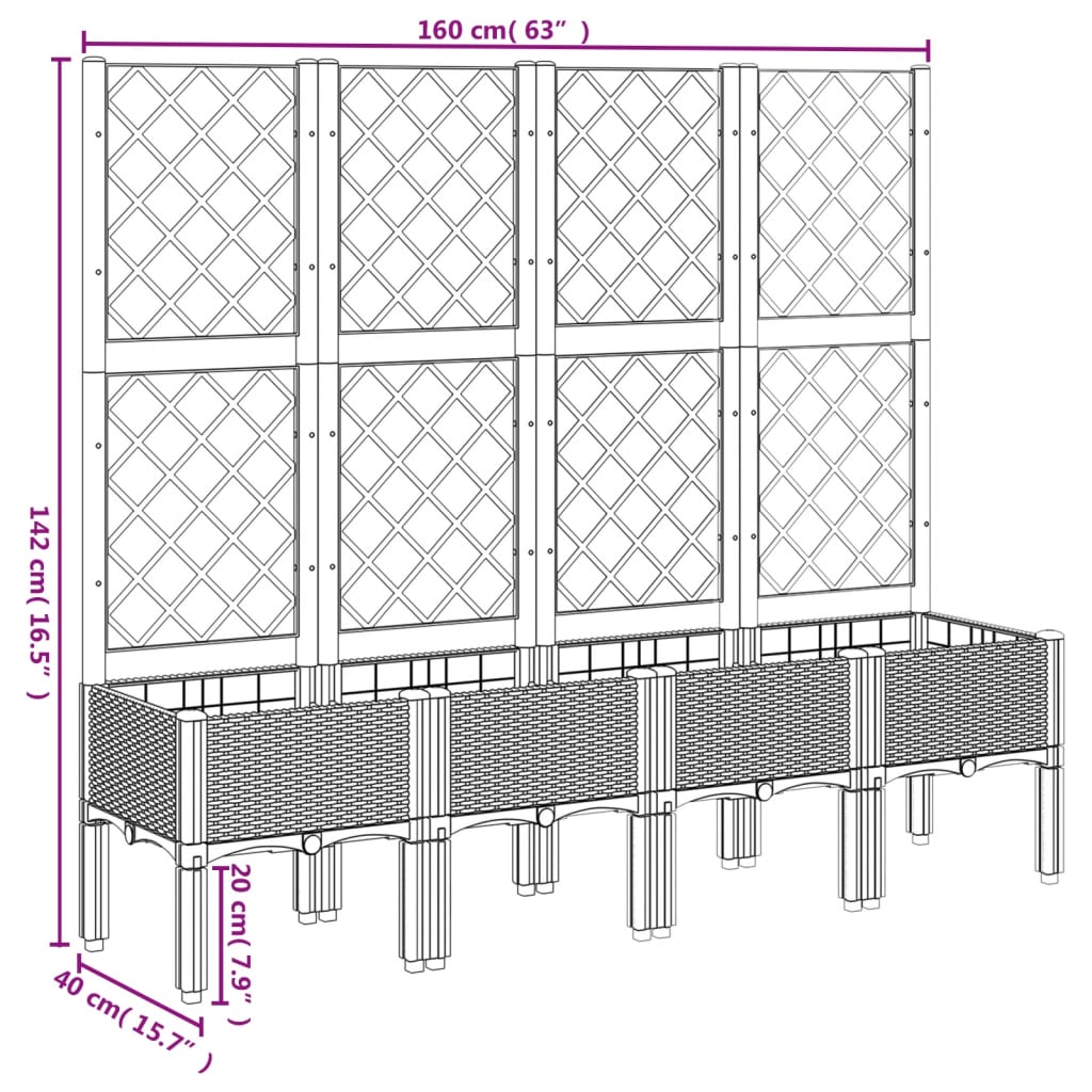 Vrtna sadilica s rešetkom crna 160 x 40 x 142 cm PP