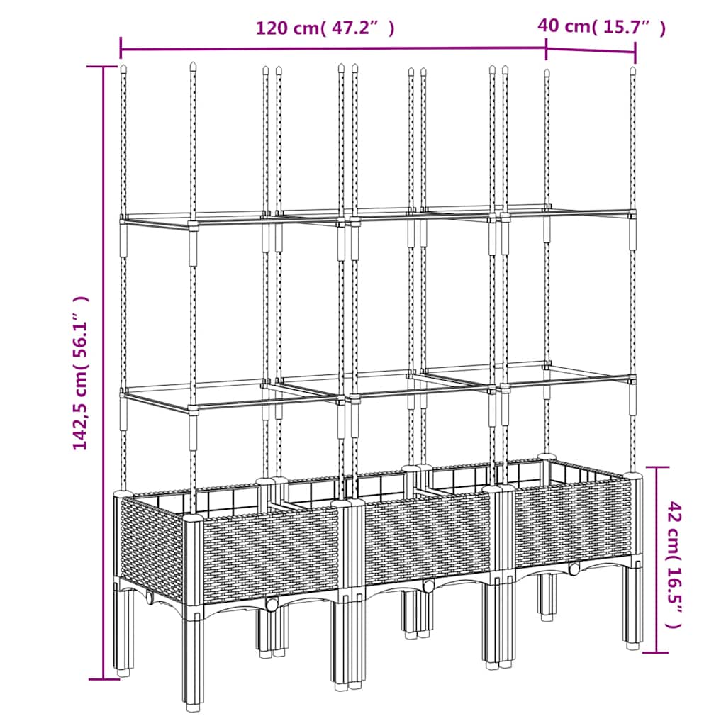Vrtna sadilica s rešetkom crna 120 x 40 x 142,5 cm PP