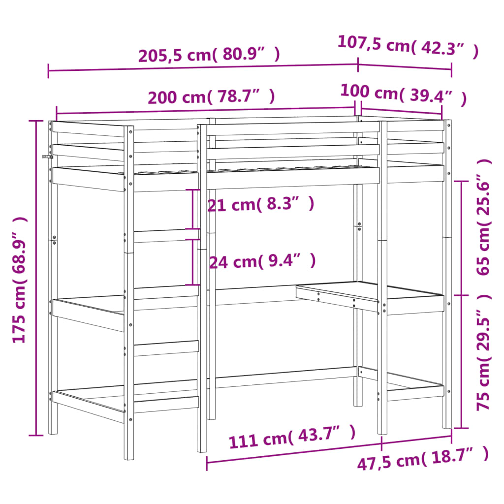 Krevet na kat s radnim stolom 100 x 200 cm od masivne borovine