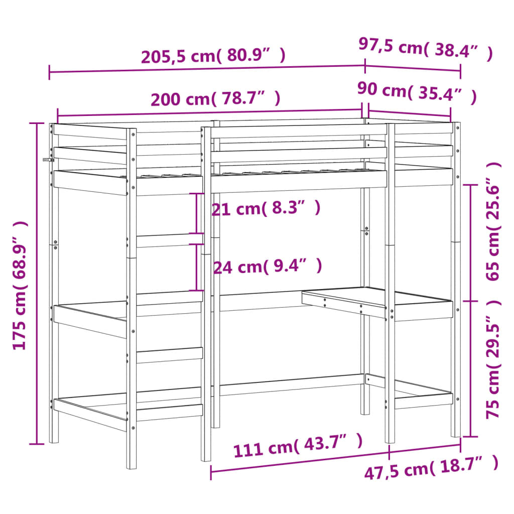 Krevet na kat s radnim stolom 90 x 200 cm od masivne borovine
