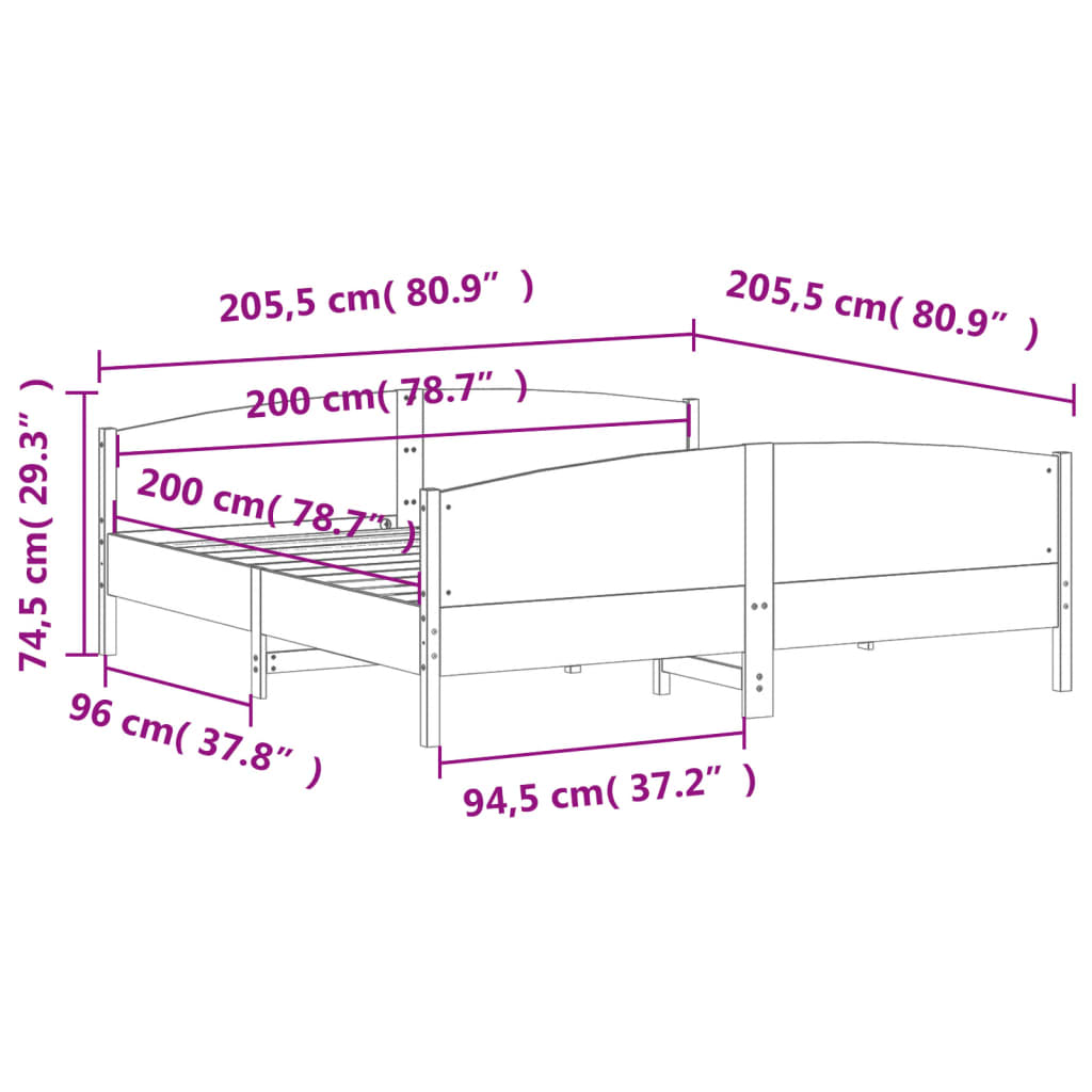 Okvir kreveta bez madraca bijeli 200x200 cm od masivne borovine