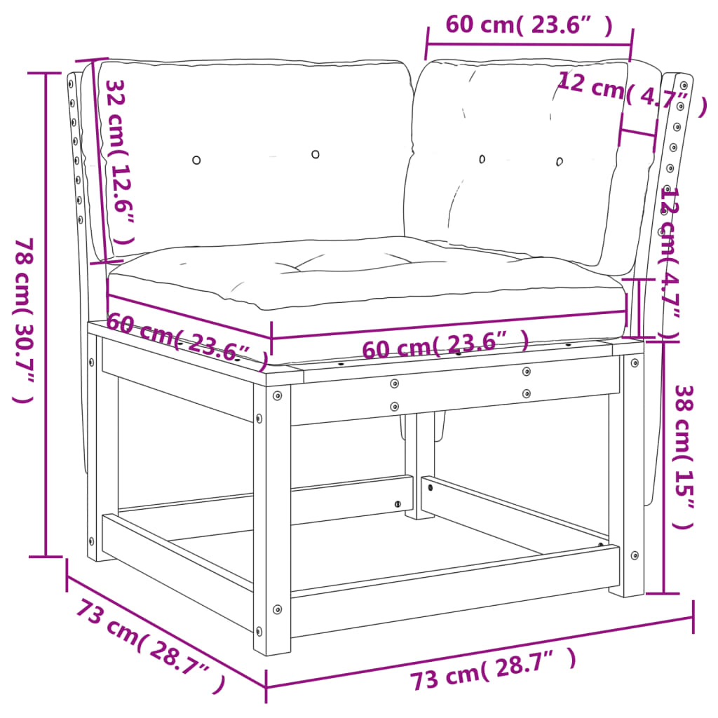 Kutna vrtna sofa s jastucima bijela 73 x 73 x 78 cm od borovine