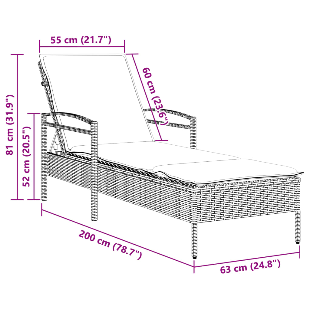 Ležaljka za sunčanje s jastukom siva 63x200x81 cm poliratan